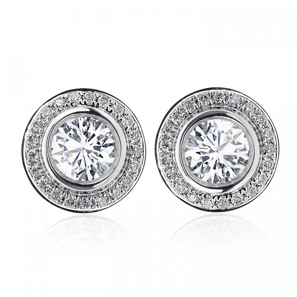 1.25 Carat Diamond Bezel Set Halo Gold Earrings - Picture 1 of 4